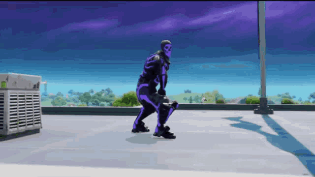 a person in a purple skeleton suit is standing on a roof