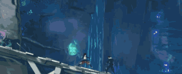 a painting of a waterfall with a blue light coming out of the water