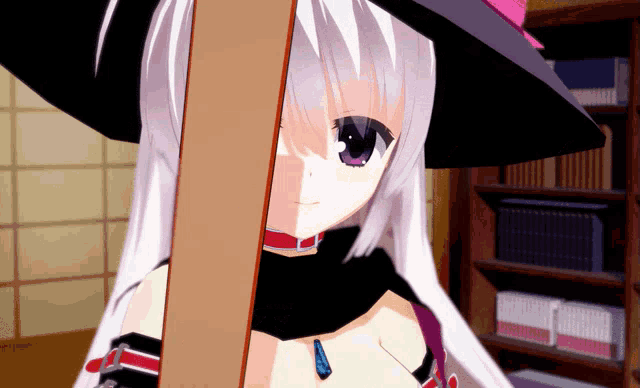 a girl with white hair and purple eyes is standing in front of a bookcase