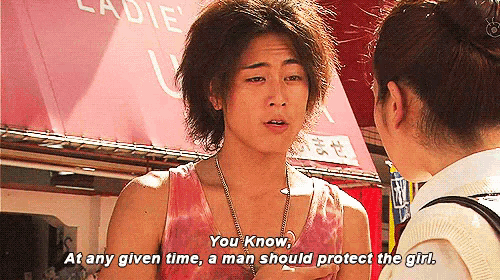 a man talking to a woman with the words " you know at any given time a man should protect the girl " written below him