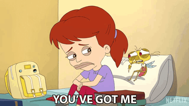 a cartoon of a girl sitting on a bed with the words " you 've got me "