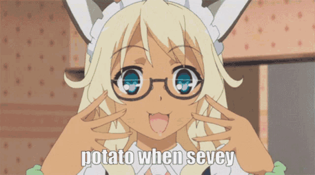 a girl with glasses and bunny ears says potato when seven