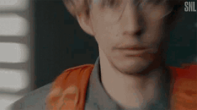 a close up of a man 's face with a blurred background and a snl logo in the corner .