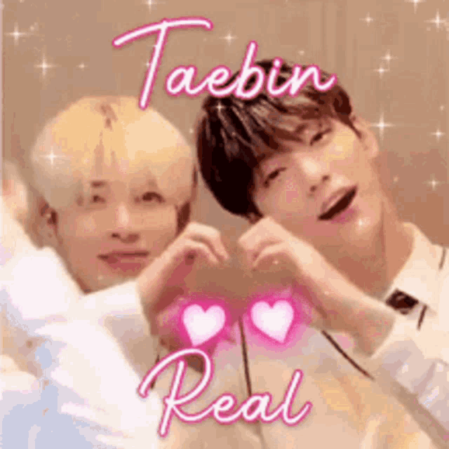 two young men are making a heart with their hands and the words taebin real are on the bottom of the picture .