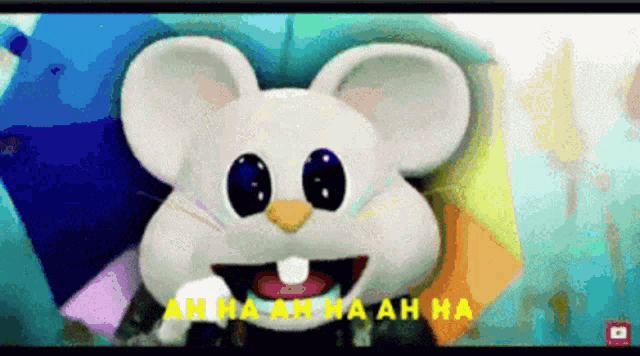 a cartoon mouse is laughing with the words ah ha ah ha ah ha written below it