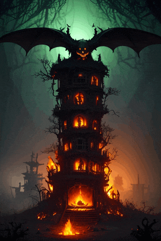 a haunted house with a bat flying over it