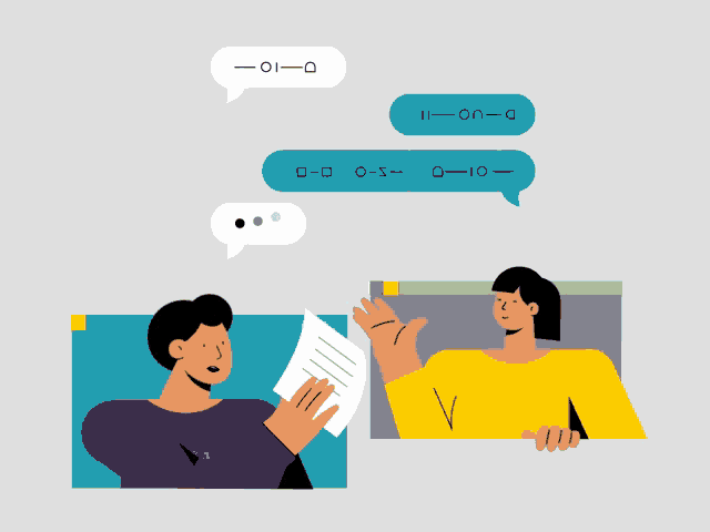 an illustration of a man and a woman having a conversation with speech bubbles that say " ii-on-a "