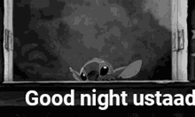 a black and white photo of a cartoon character peeking out of a window with the words `` good night ustaad '' .