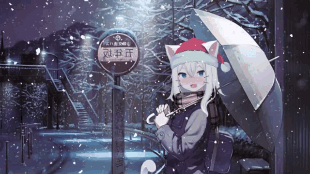 a girl in a santa hat is holding an umbrella in front of a bus stop
