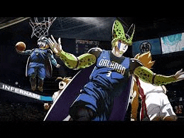 a basketball player dressed as a cell from dragon ball z is playing basketball on a court .