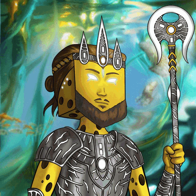 a cartoon drawing of a man with a beard and a crown on his head