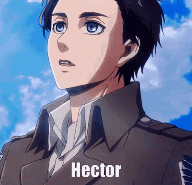 a close up of a man 's face with the name hector written on the bottom