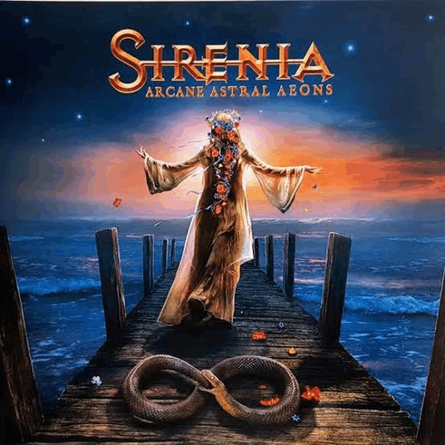 a sirena album cover shows a woman standing on a pier with a snake on it