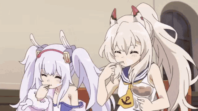 two anime girls are sitting next to each other and one is eating