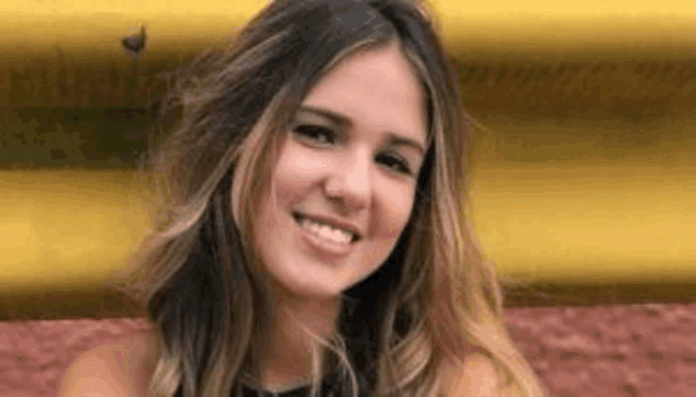 a woman with long hair is smiling for the camera in front of a yellow and red wall .