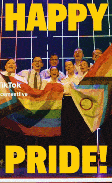 a group of people holding rainbow colored flags in front of a sign that says happy pride