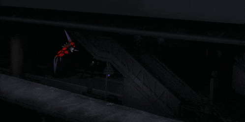 a purple sword is being thrown at a red and black monster