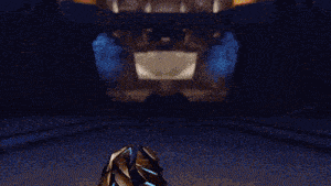 a man in a yellow jacket is standing next to a large blue robot
