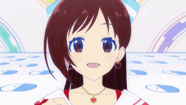 a girl with a heart shaped necklace and earrings waves her hand