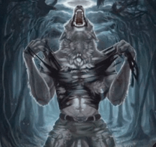 a painting of a werewolf ripping his shirt off