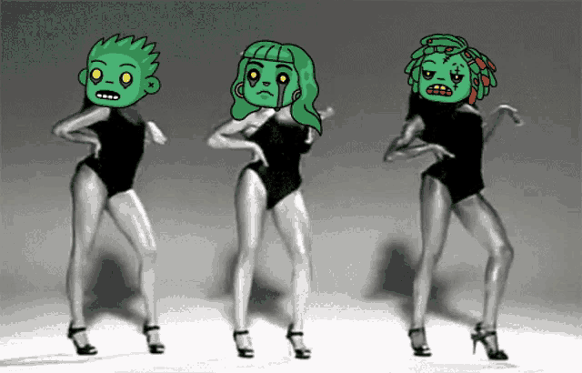 a cartoon of three women dancing with zombie faces on their faces