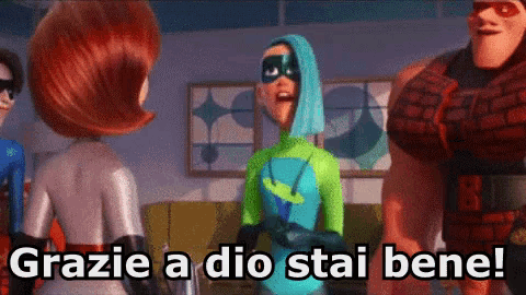 a group of cartoon characters are standing next to each other with the words grazie a dio stai bene