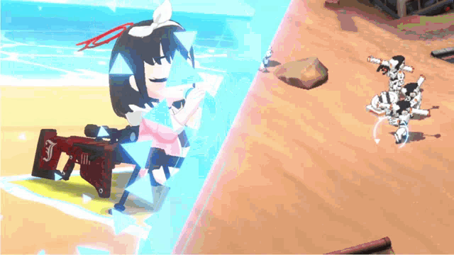 a girl with a sniper rifle has the letter j on the side of it