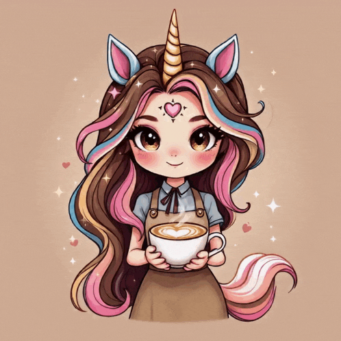a girl with a unicorn horn is holding a cup of cappuccino