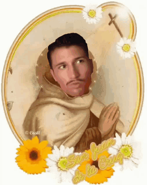 a painting of a man with a mustache surrounded by daisies and a cross