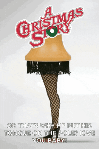 a poster for a christmas story shows a lamp shaped like a woman 's legs