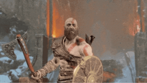 a video game character with a beard is holding a sword and shield and says yes !
