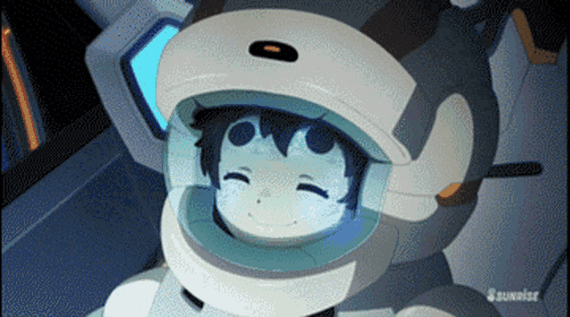a cartoon character is wearing a helmet with the word sunrise on it