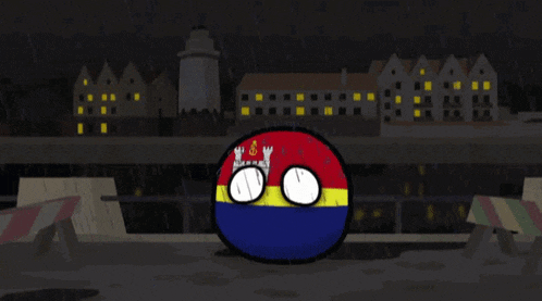 a cartoon of a ball with a castle on it in front of a city at night