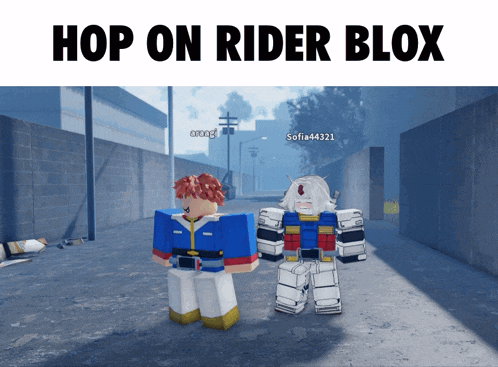a screenshot of a video game with the words hop on rider blox at the top