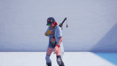 a video game character is holding a sword and wearing shorts with skulls on them