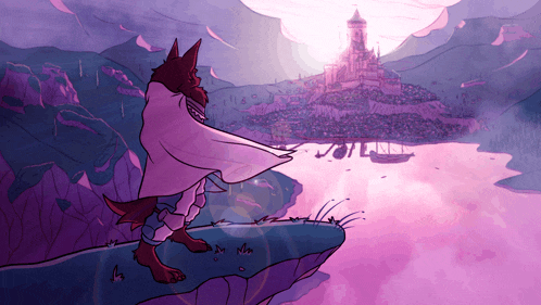 a cartoon drawing of a wolf standing on a cliff overlooking a castle