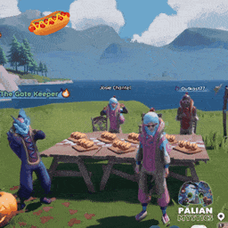 a group of people are standing around a table with a hot dog flying in the air and a sign that says palian mystics
