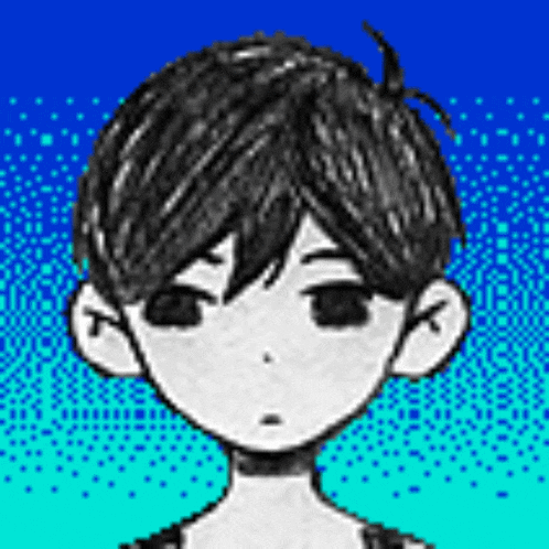 a black and white drawing of a boy 's face on a blue background .