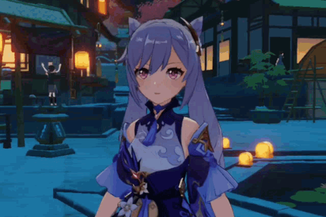 a girl with purple hair and red eyes is standing in front of buildings