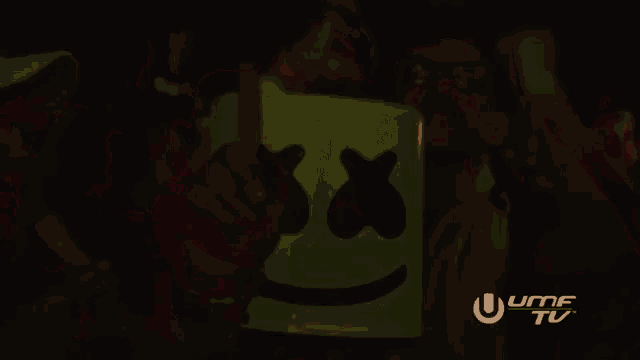 a man is wearing a marshmello hat at a concert