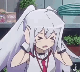 a cartoon girl is covering her ears with her hands .