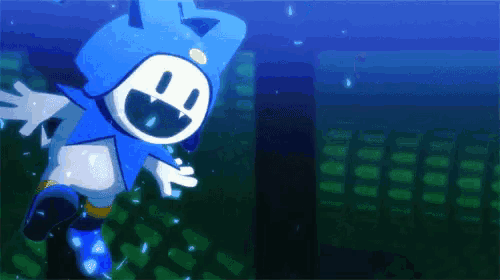 a cartoon character wearing a blue hat with a smiling face on it