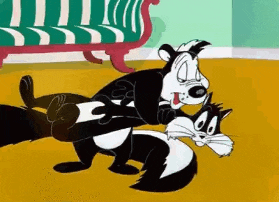 a cartoon skunk is holding a cat in a living room .
