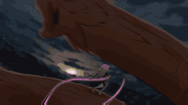 a cartoon character with pink hair is flying through a pink light