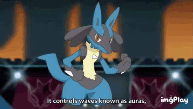 a cartoon of a pokemon with the words " it controls waves known as auras "