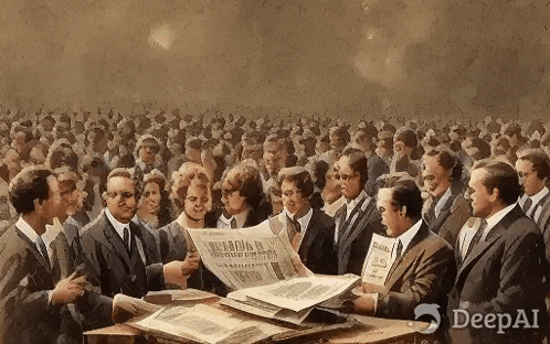 a painting of a group of people reading a newspaper with deepai written on the bottom