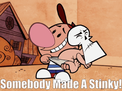 a cartoon character holding a skeleton with the words somebody made a stinky