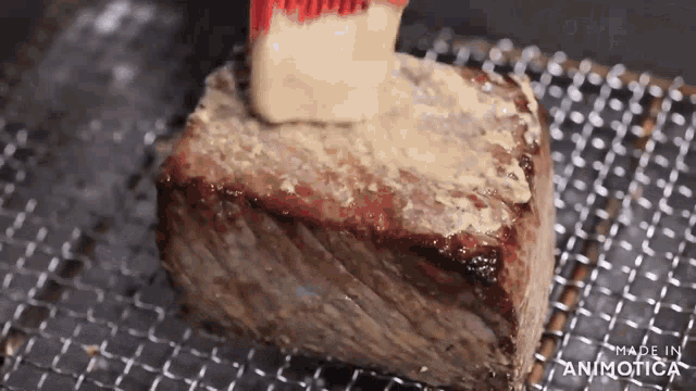 a piece of meat is being brushed with butter and the words made in animatica can be seen behind it
