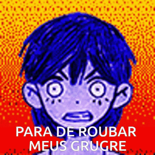 a drawing of a boy with blue hair and the words " para de roubar meus grugre "