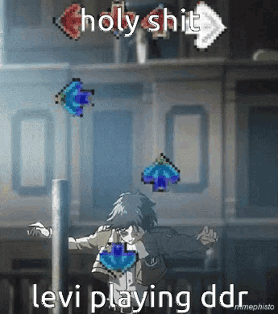 a pixel art of a person playing a game with the words holy shit levi playing ddr